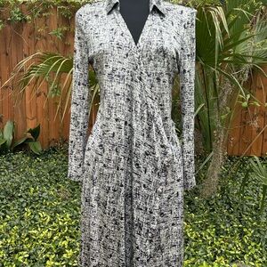 Pure Silk Brooks Brothers Black & White Print Long Sleeve Wrap Dress